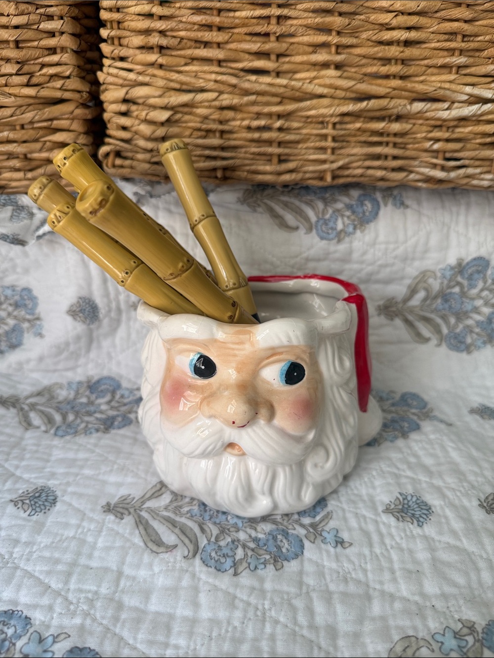 Vintage White and Red Santa Ceramic Planter